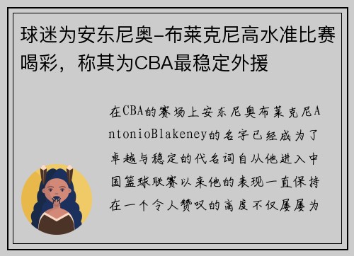 球迷为安东尼奥-布莱克尼高水准比赛喝彩，称其为CBA最稳定外援